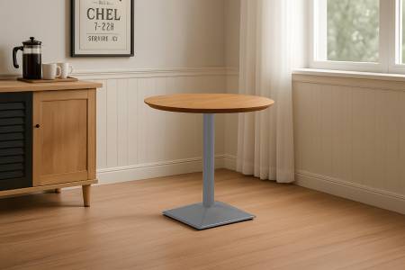 Bistrotisch rund mit Schweizer Kante Akazienholz natur massiv 80 cm Säulengestell silber BRASILIA