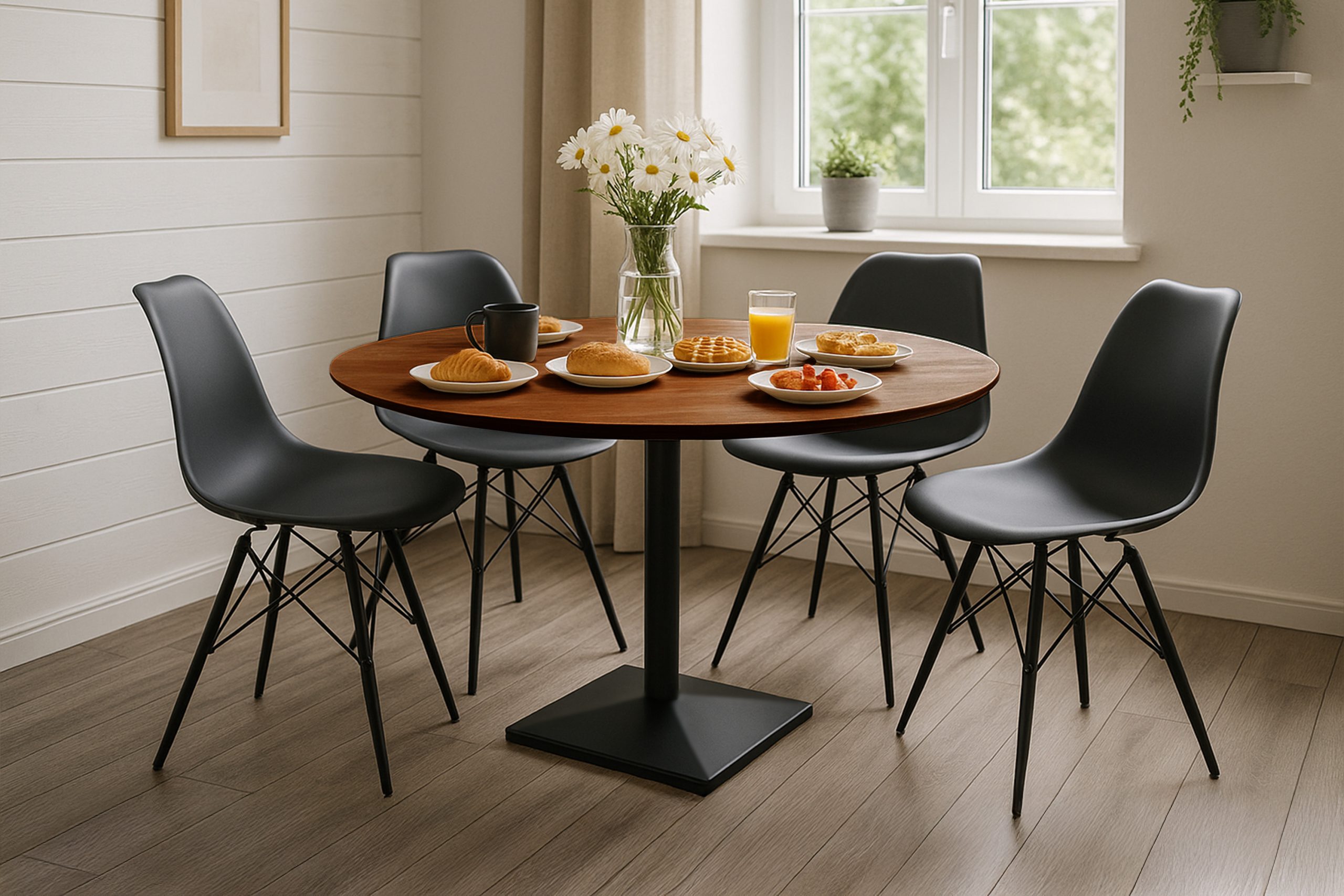 Bistrotisch rund mit Schweizer Kante Akazienholz nussbaum massiv 110 cm Säulengestell schwarz BRASILIA – Bild 4