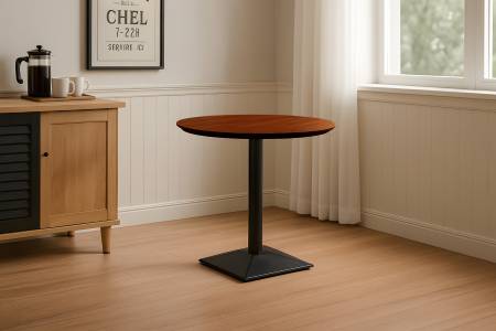 Bistrotisch rund mit Schweizer Kante Akazienholz nussbaum massiv 80 cm Säulengestell schwarz BRASILIA