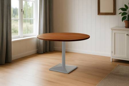 Bistrotisch rund mit Schweizer Kante Akazienholz nussbaum massiv 110 cm Säulengestell silber BRASILIA