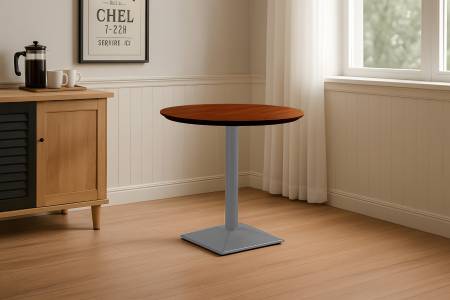 Bistrotisch rund mit Schweizer Kante Akazienholz nussbaum massiv 80 cm Säulengestell silber BRASILIA