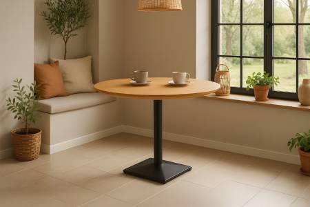 Bistrotisch rund mit Schweizer Kante Eichenholz massiv geölt 90 cm Säulengestell schwarz BRASILIA