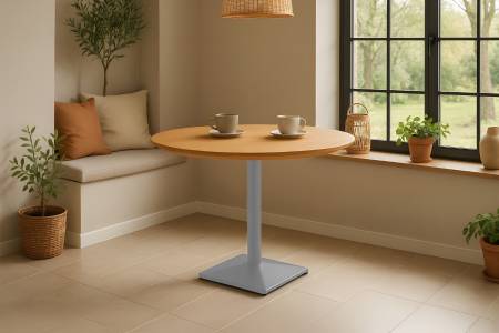 Bistrotisch rund mit Schweizer Kante Eichenholz massiv geölt 90 cm Säulengestell silber BRASILIA