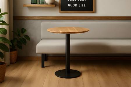 Bistrotisch rund mit Schweizer Kante Akazienholz natur massiv 60 cm Säulengestell schwarz BRASILIAN