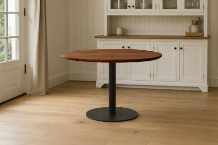 Bistrotisch rund mit Schweizer Kante Akazienholz nussbaum massiv 120 cm Säulengestell schwarz BRASILIAN