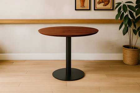 Bistrotisch rund mit Schweizer Kante Akazienholz nussbaum massiv 80 cm Säulengestell schwarz BRASILIAN