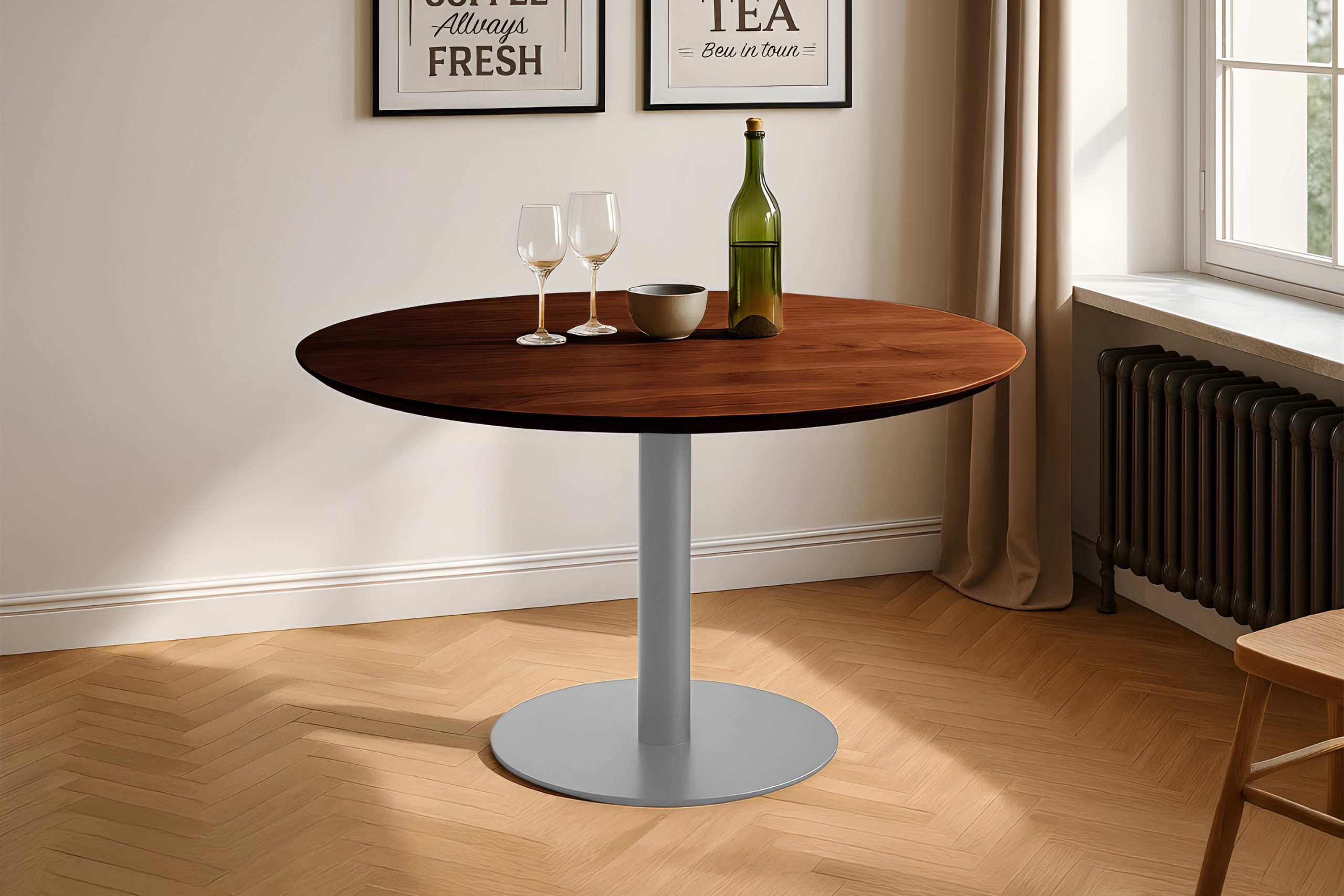 Bistrotisch rund mit Schweizer Kante Akazienholz nussbaum massiv 100 cm Säulengestell silber BRASILIAN