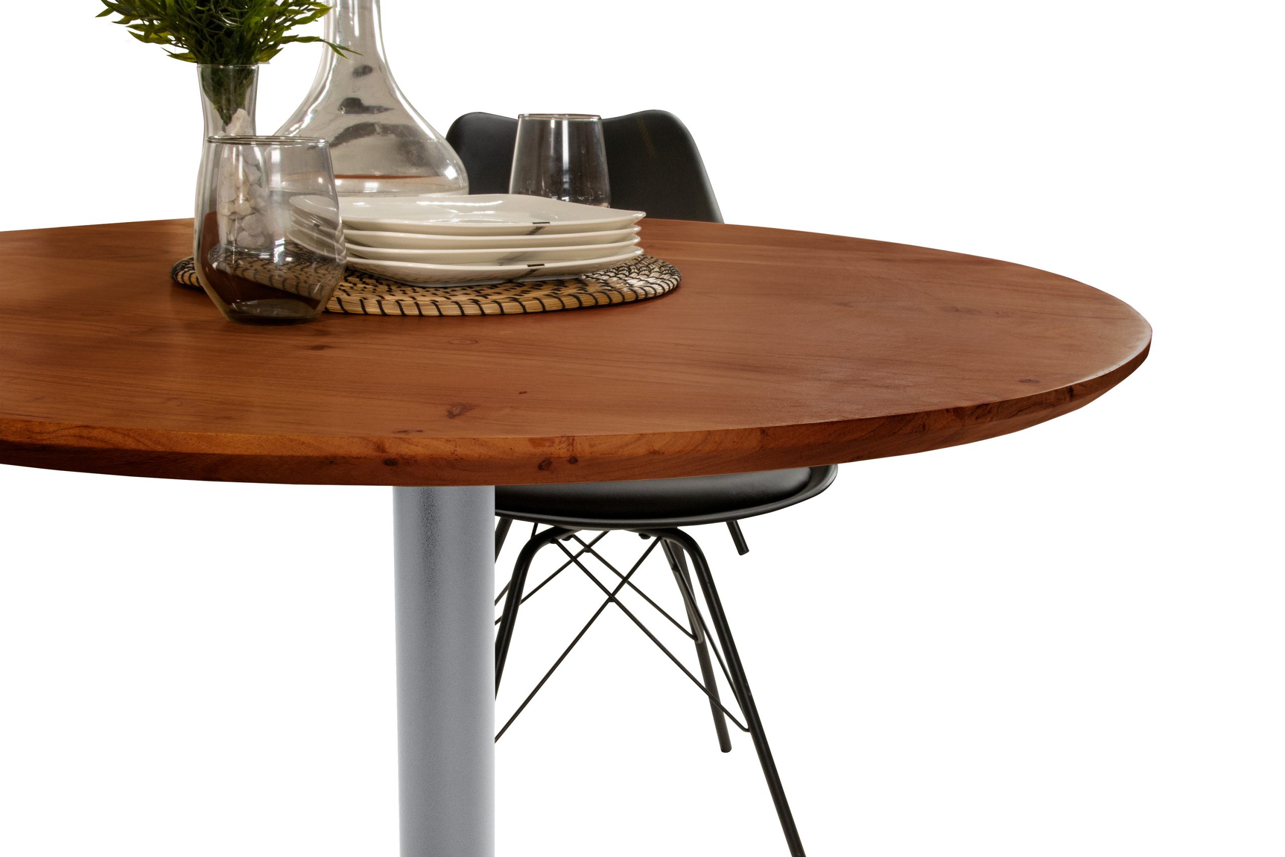 Bistrotisch rund mit Schweizer Kante Akazienholz nussbaum massiv 100 cm Säulengestell silber BRASILIAN – Bild 4