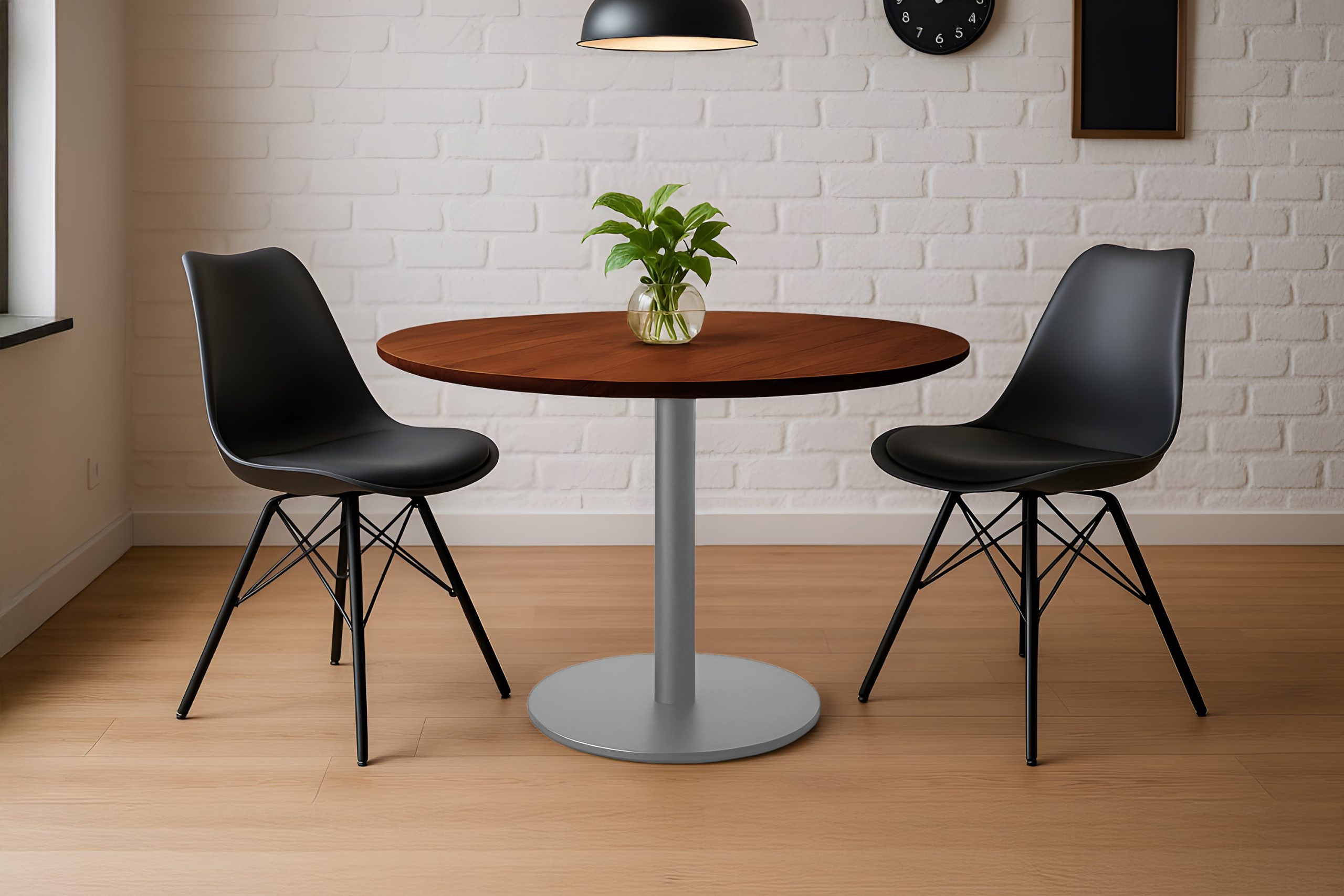 Bistrotisch rund mit Schweizer Kante Akazienholz nussbaum massiv 100 cm Säulengestell silber BRASILIAN – Bild 5