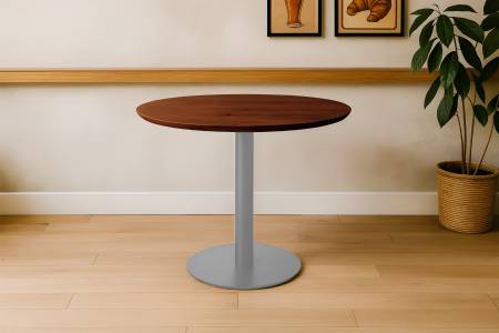 Bistrotisch rund mit Schweizer Kante Akazienholz nussbaum massiv 80 cm Säulengestell silber BRASILIAN