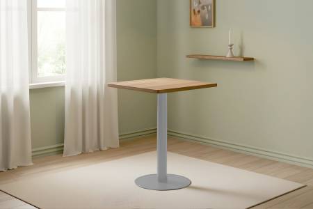 Bistrotisch eckig Runde Kante 60 x 60 cm Akazienholz natur massiv Säulengestell-rund silber EMILE