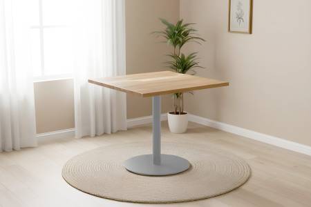 Bistrotisch eckig Runde Kante 90 x 90 cm Akazienholz natur massiv Säulengestell-rund silber EMILE