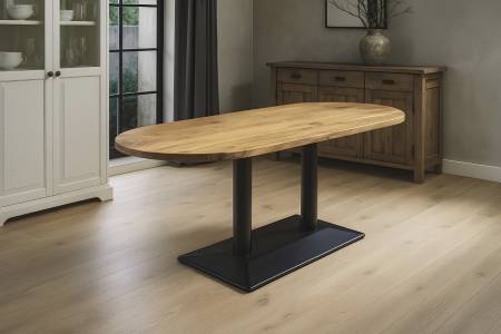 Bistrotisch oval 140 x 60 cm Akazienholz natur massiv Doppel-Säulengestell schwarz EMILIAN