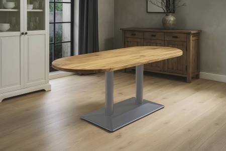 Bistrotisch oval 140 x 60 cm Akazienholz natur massiv Doppel-Säulengestell silber EMILIAN