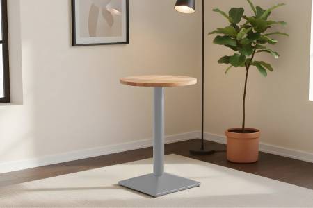 Bistrotisch rund 60 x 60 cm Akazienholz natur massiv Säulengestell-eckig silber EMILIO