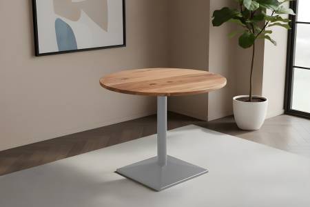 Bistrotisch rund 90 x 90 cm Akazienholz natur massiv Säulengestell-eckig silber EMILIO