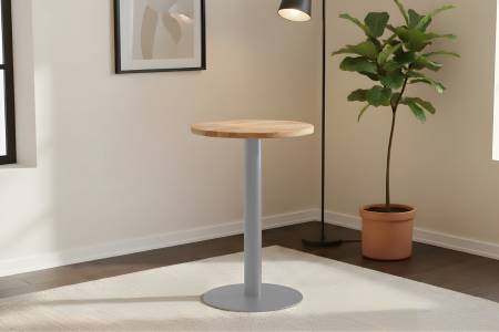 Bistrotisch rund 50 x 50 cm Akazienholz natur massiv Säulengestell-rund silber EMILIO