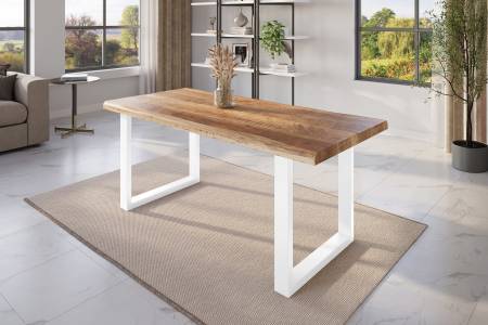 Esstisch Baumkante 180 x 90 cm Mangoholz Rough U-Gestell weiß ATLAS