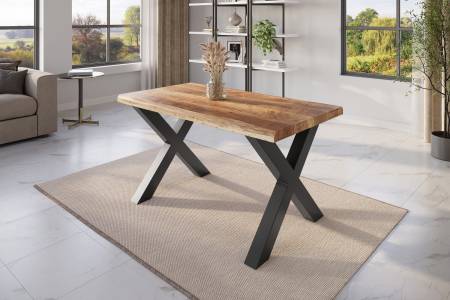 Esstisch Baumkante 120 x 80 cm Mangoholz Rough X-Gestell schwarz ATLAS