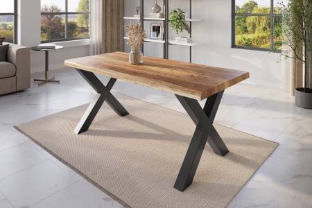 Esstisch Baumkante 200 x 100 cm Mangoholz Rough X-Gestell schwarz ATLAS