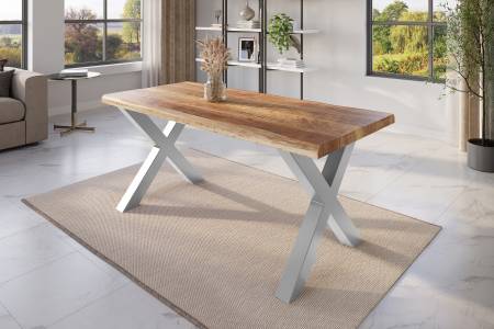 Esstisch Baumkante 180 x 90 cm Mangoholz Rough X-Gestell silber ATLAS