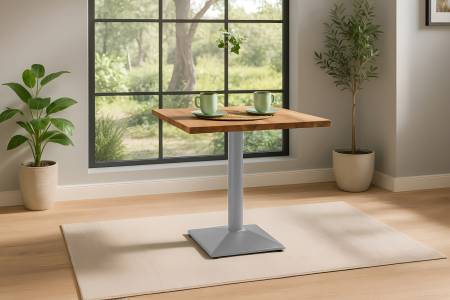 Bistrotisch Gerade Kante massiv Akazie natur 75 x 75 cm Säulengestell Silber BRASILEIRO