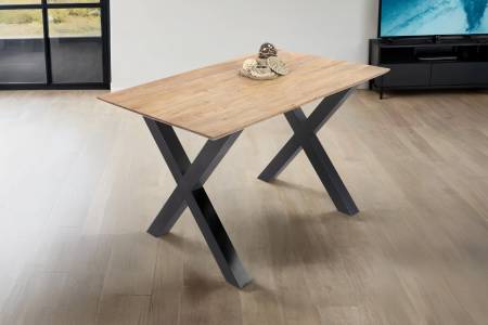 Esstisch 140x80cm Akazie massiv eichenfarben schweizer Kante X-Gestell schwarz DEAN