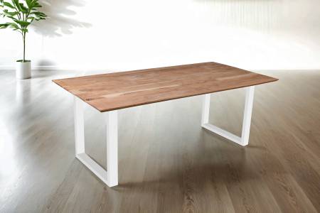 Esstisch 180x90 cm Akazie massiv eichenfarben schweizer Kante U-Gestell weiß DEAN