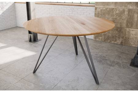 Esstisch rund Eichenholz Schweizer Kante Hairpin-Gestell 90 cm silber DREAM