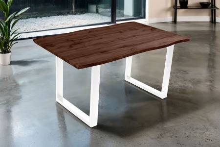 Esstisch 160x85 cm Baumkante Holz Nussbaum-Optik U-Gestell Metall weiß JOSY