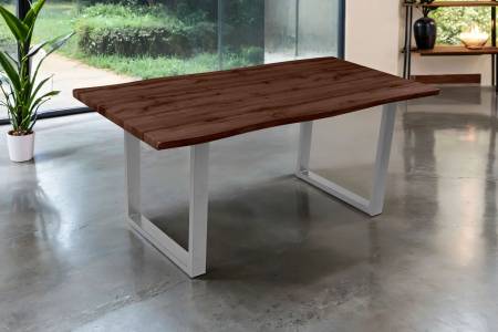 Esstisch 180x90 cm Baumkante Holz Nussbaum-Optik U-Gestell Metall silber JOSY