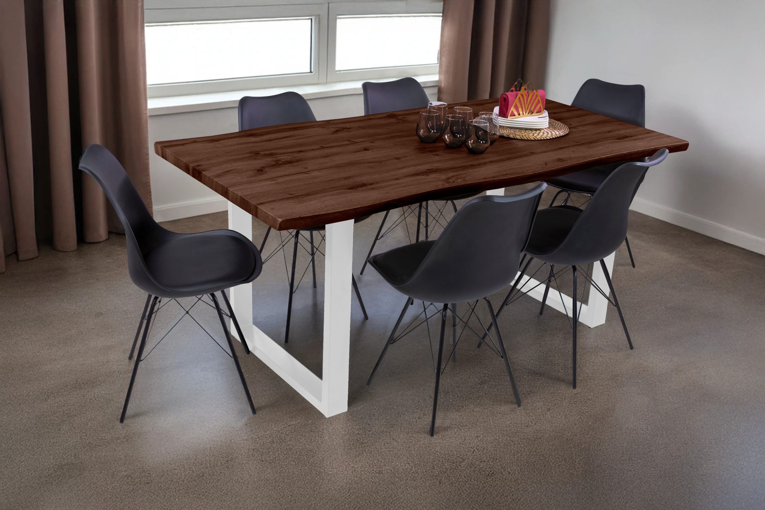 Esstisch 180x90 cm Baumkante Holz Nussbaum-Optik U-Gestell Metall weiß JOSY – Bild 4