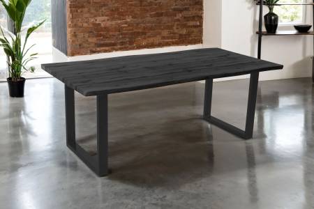 Esstisch 200x100 cm Baumkante Holz Grau-Optik U-Gestell Metall schwarz JOSY