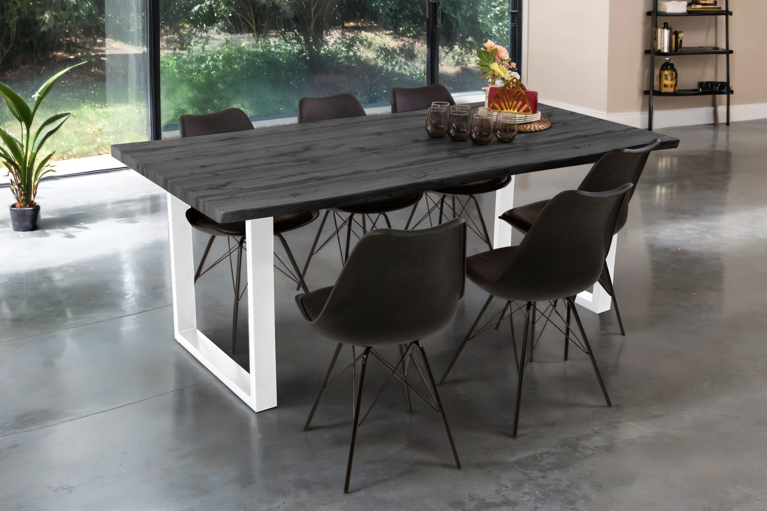 Esstisch 200x100 cm Baumkante Holz Grau-Optik U-Gestell Metall weiß JOSY – Bild 4