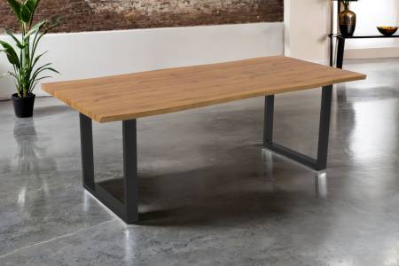 Esstisch 240x100 cm Baumkante Holz Wildeiche-Optik U-Gestell Metall schwarz JOSY