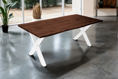 Esstisch 200x100 cm Baumkante Holz Nussbaum-Optik X-Gestell Metall weiß JOSY
