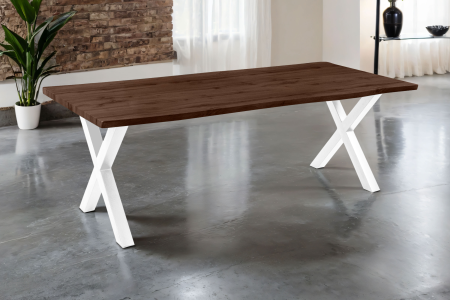 Esstisch 220x100 cm Baumkante Holz Nussbaum-Optik X-Gestell Metall weiß JOSY