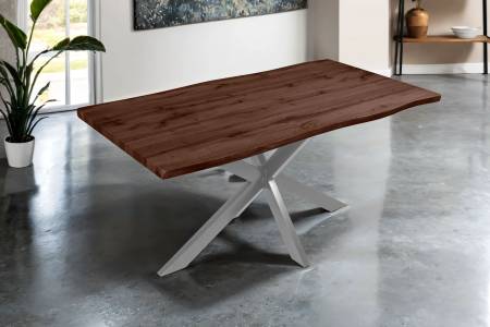 Esstisch 160x85 cm Baumkante Holz Nussbaum-Optik Spider-Gestell Metall silber JOSY