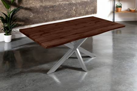 Esstisch 180x90 cm Baumkante Holz Nussbaum-Optik Spider-Gestell Metall silber JOSY