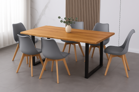 Essgruppe 7tlg. 220 x 100 cm Holz Wildeiche-Optik 6x Schalenstühle Grau U-Gestell Schwarz JOSY