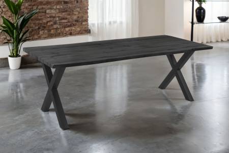 Esstisch 240x100 cm Baumkante Holz Grau-Optik X-Gestell Metall schwarz JOSY