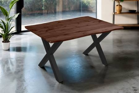 Esstisch 160x85 cm Baumkante Holz Nussbaum-Optik X-Gestell Metall schwarz JOSY