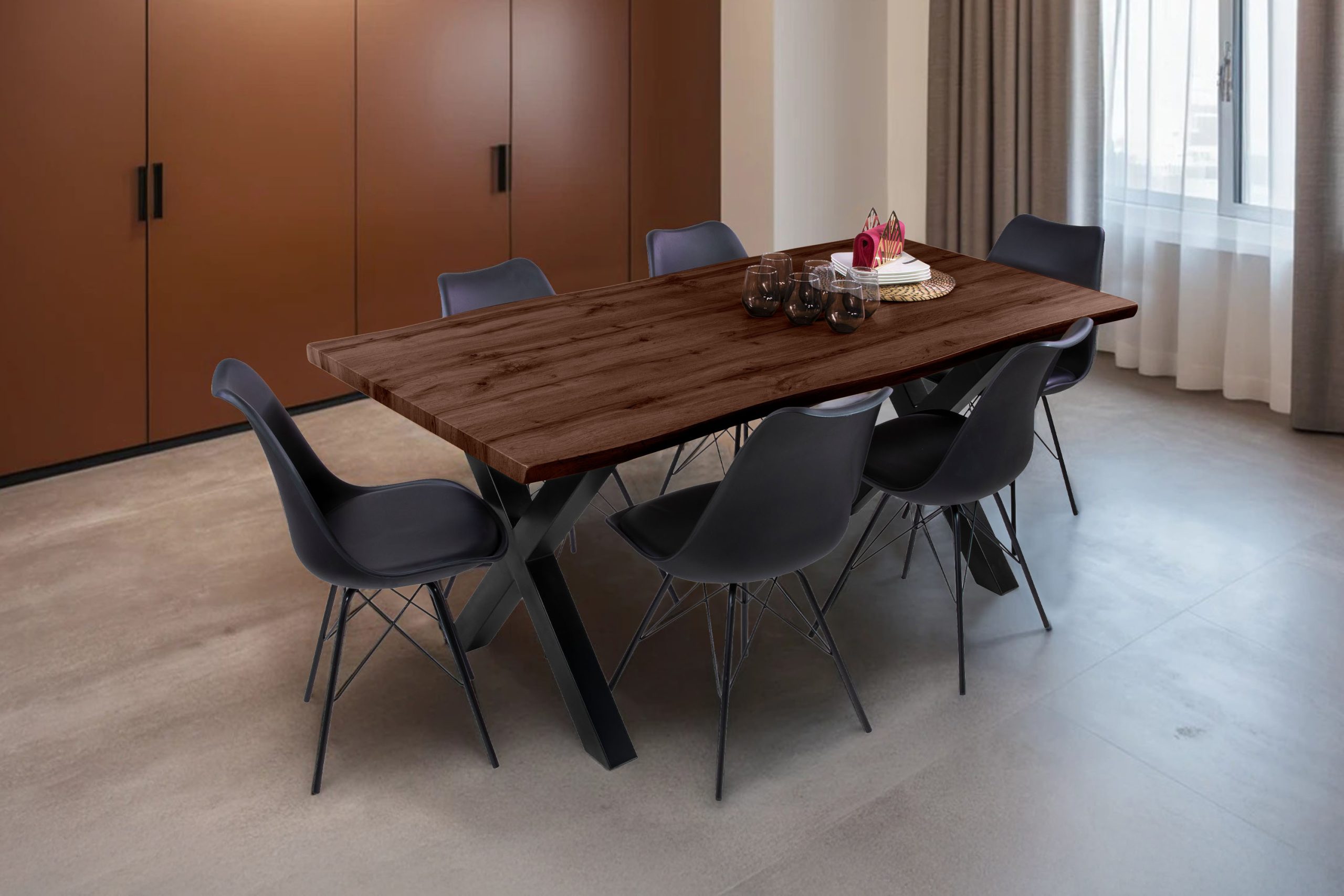 Esstisch 180x90 cm Baumkante Holz Nussbaum-Optik X-Gestell Metall schwarz JOSY – Bild 4