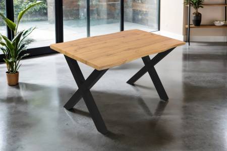 Esstisch 140x80 cm Baumkante Holz Wildeiche-Optik X-Gestell Metall schwarz JOSY