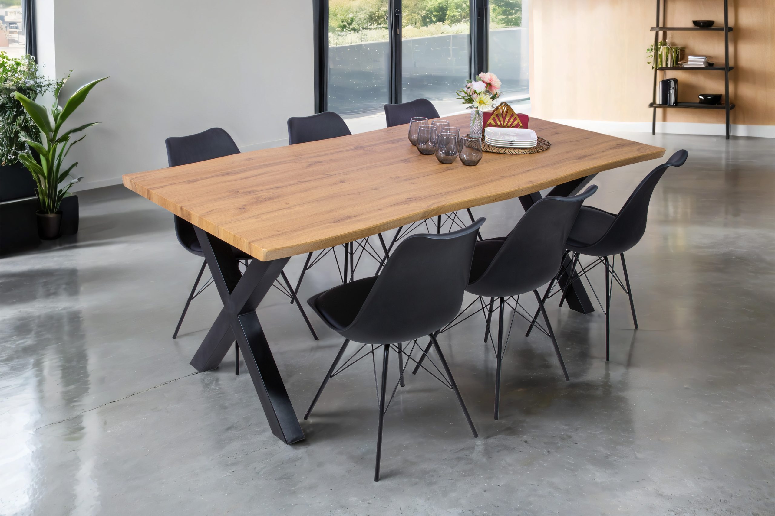 Esstisch 200x100 cm Baumkante Holz Wildeiche-Optik X-Gestell Metall schwarz JOSY – Bild 4