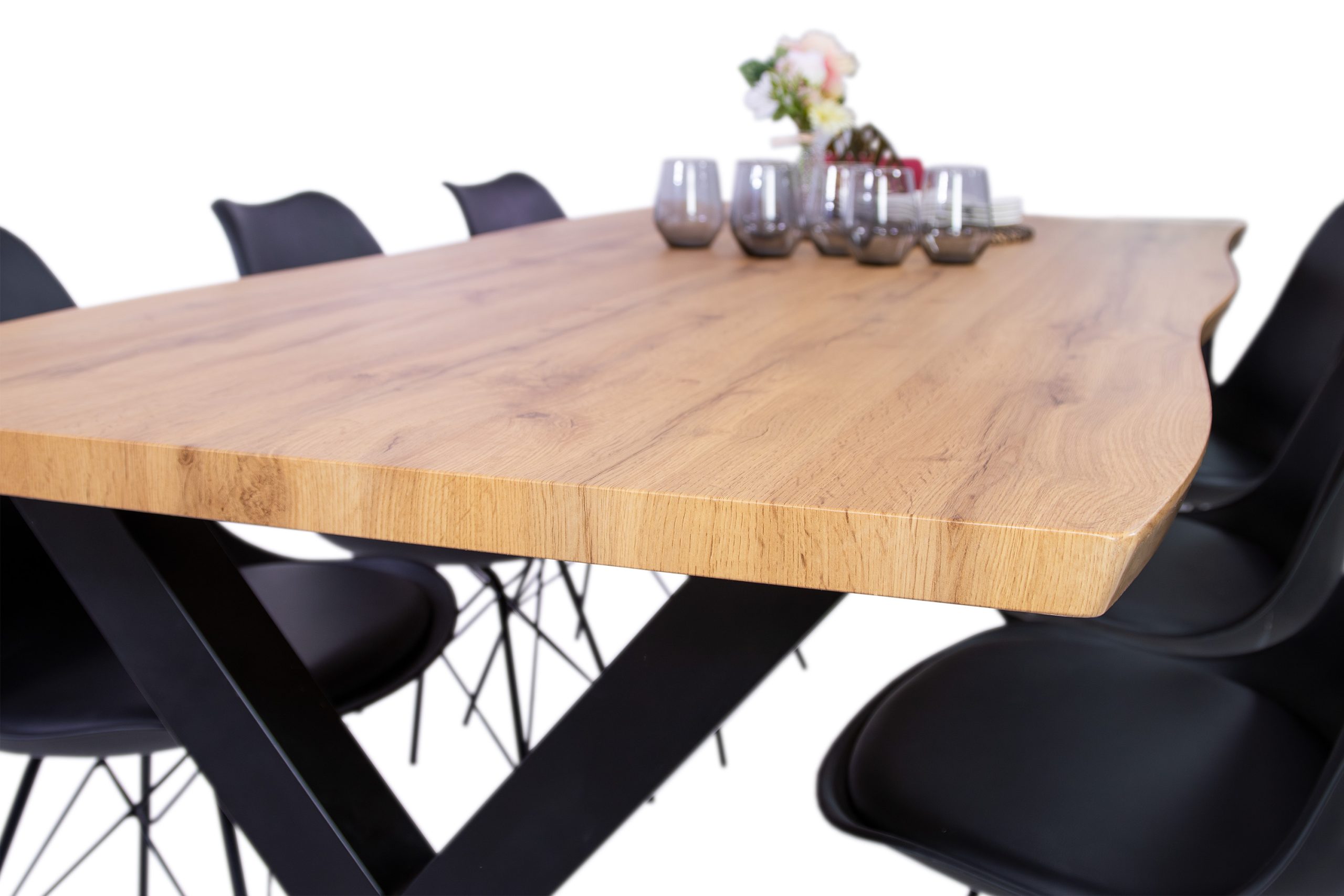 Esstisch 200x100 cm Baumkante Holz Wildeiche-Optik X-Gestell Metall schwarz JOSY – Bild 6