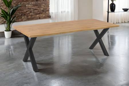 Esstisch 220x100 cm Baumkante Holz Wildeiche-Optik X-Gestell Metall schwarz JOSY