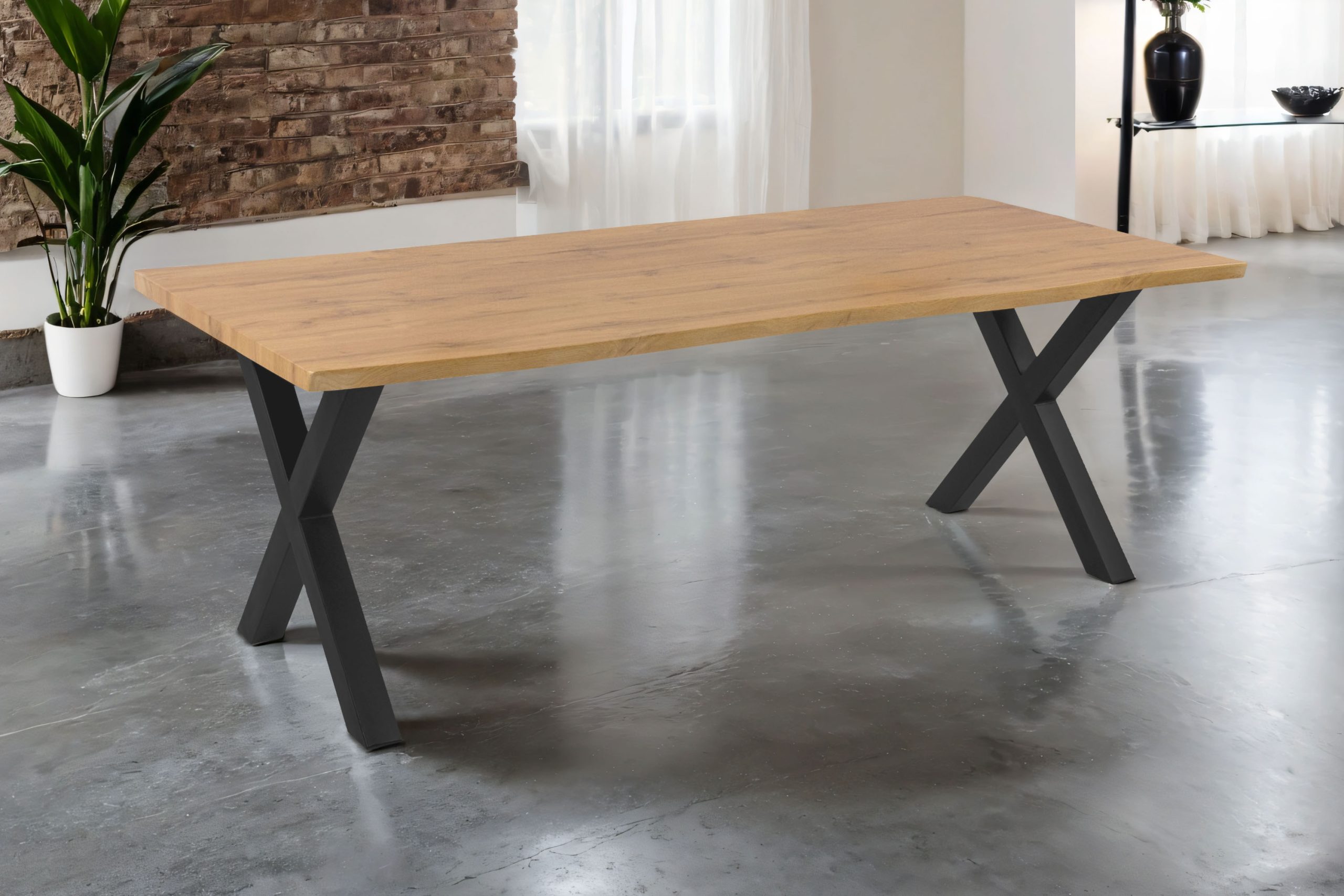 Esstisch 220x100 cm Baumkante Holz Wildeiche-Optik X-Gestell Metall schwarz JOSY