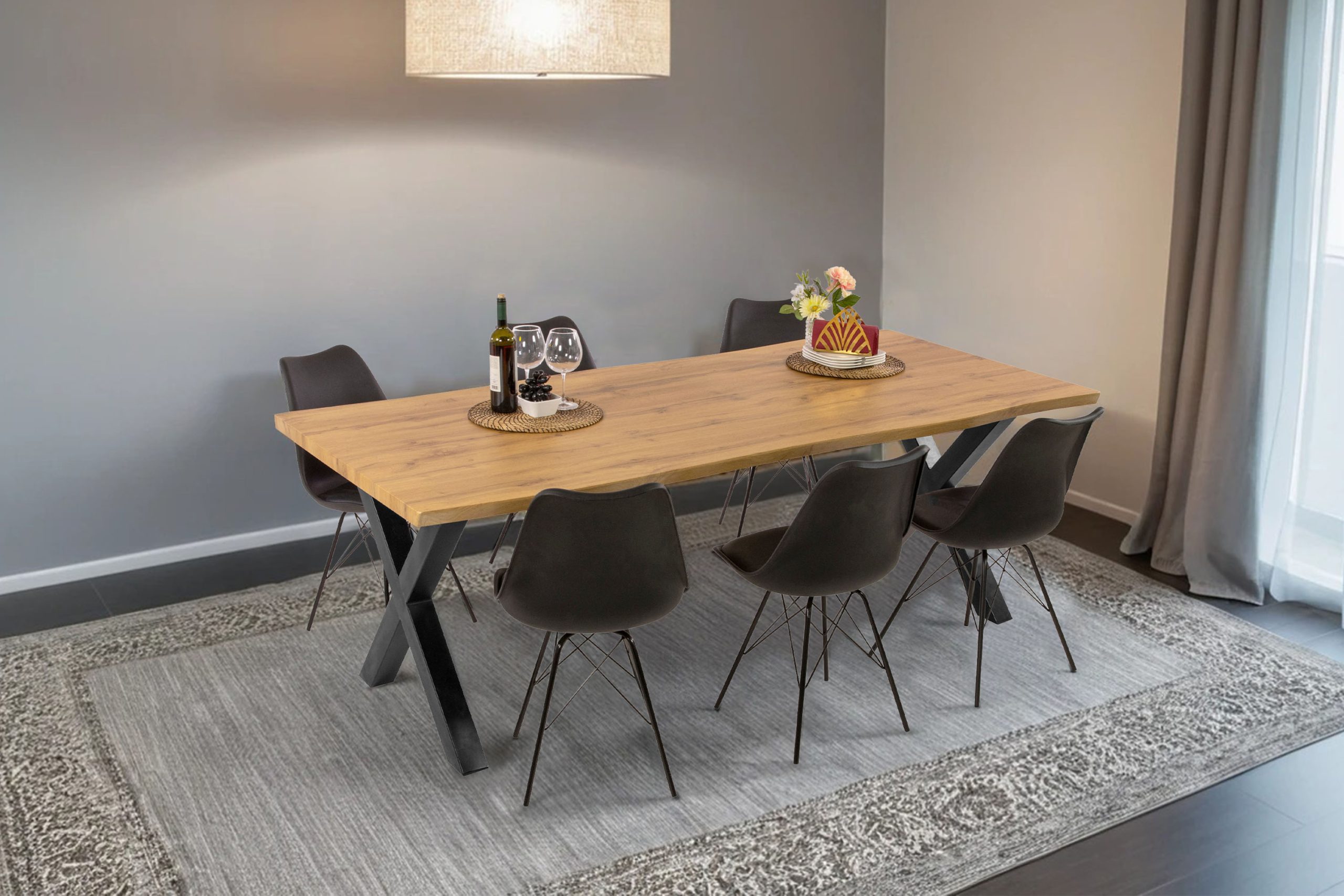 Esstisch 220x100 cm Baumkante Holz Wildeiche-Optik X-Gestell Metall schwarz JOSY – Bild 4