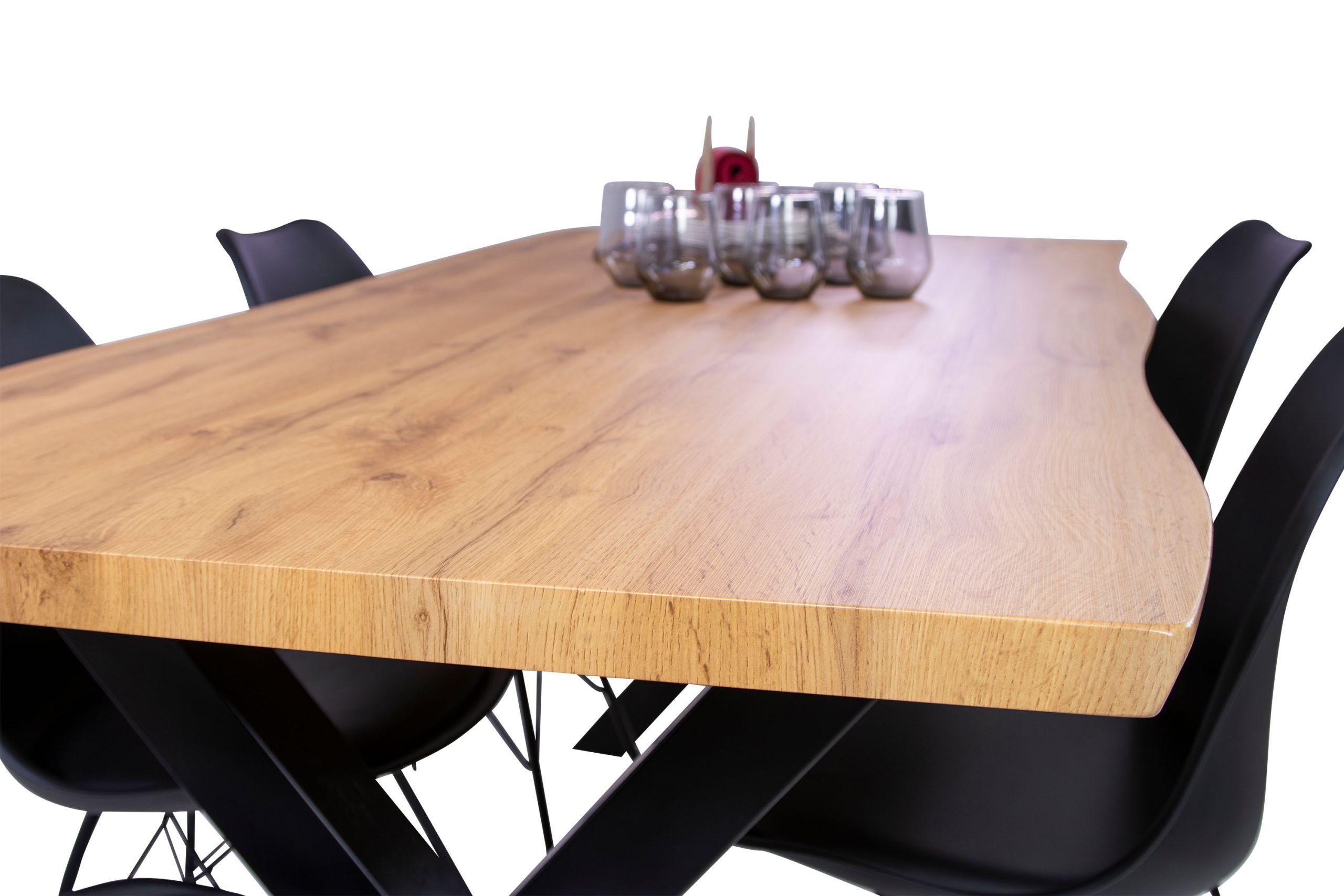 Esstisch 220x100 cm Baumkante Holz Wildeiche-Optik X-Gestell Metall schwarz JOSY – Bild 6